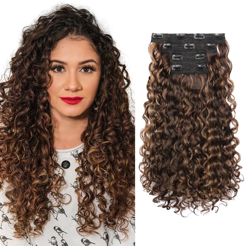 4PCS 18" GoGo Curly Clip in Hair Extensions Chocolate Brown w/ Golden Highlights